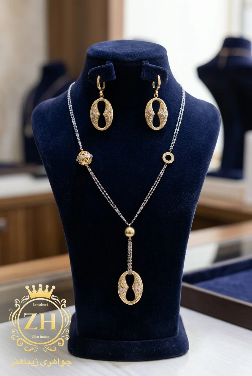 ست گردنبند و گوشواره طلای ۱۸ عیار کم اجرت جواهری زیباهنر