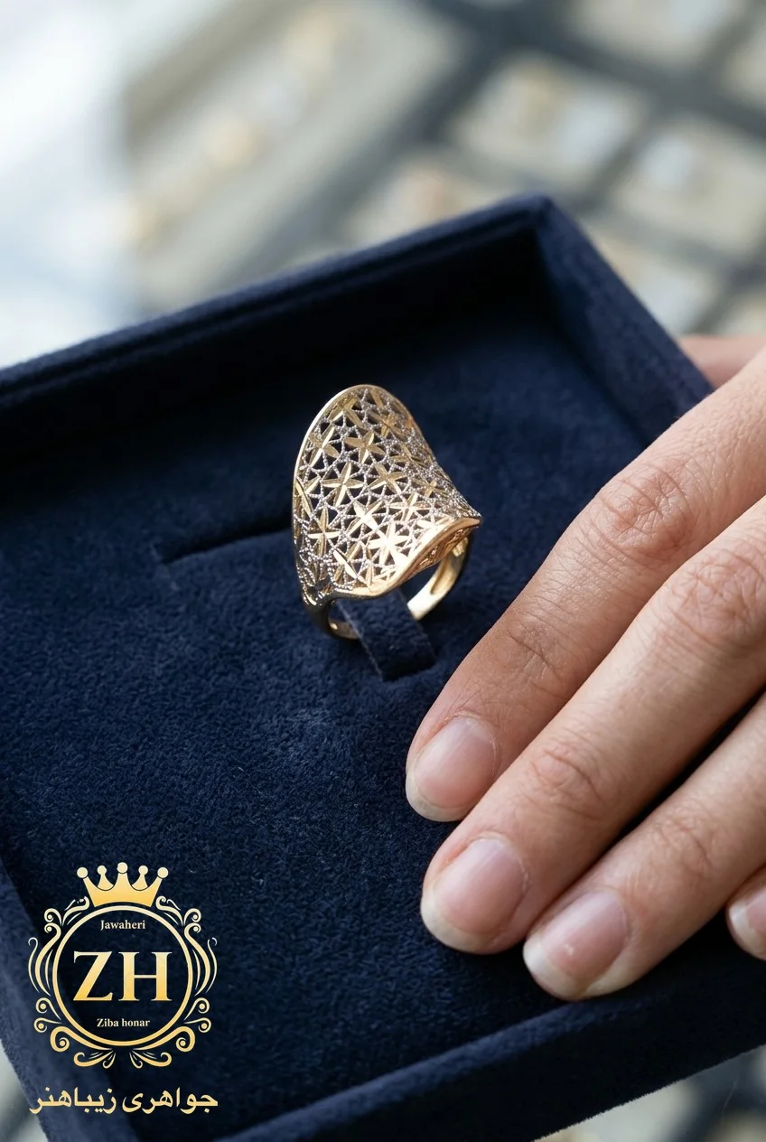 انگشتر تراش طلا ۱۸ عیار با وزن ۵٫۸۸ گرم، بخش طلای کم‌اجرت جواهری زیباهنر
